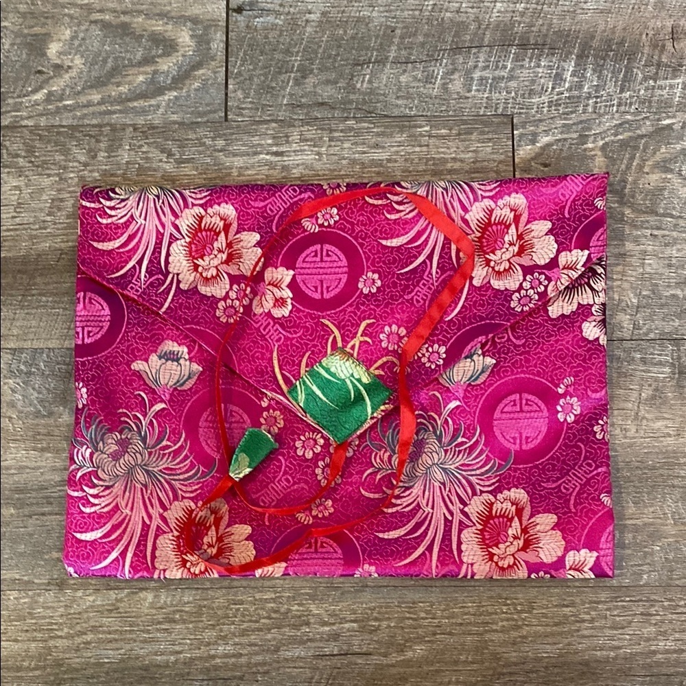 Vibrant Pink Floral Clutch with Red and Green Accents NWOT